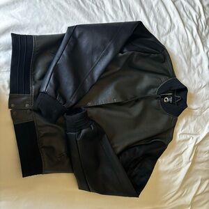 Dark olive green and black leather jacket